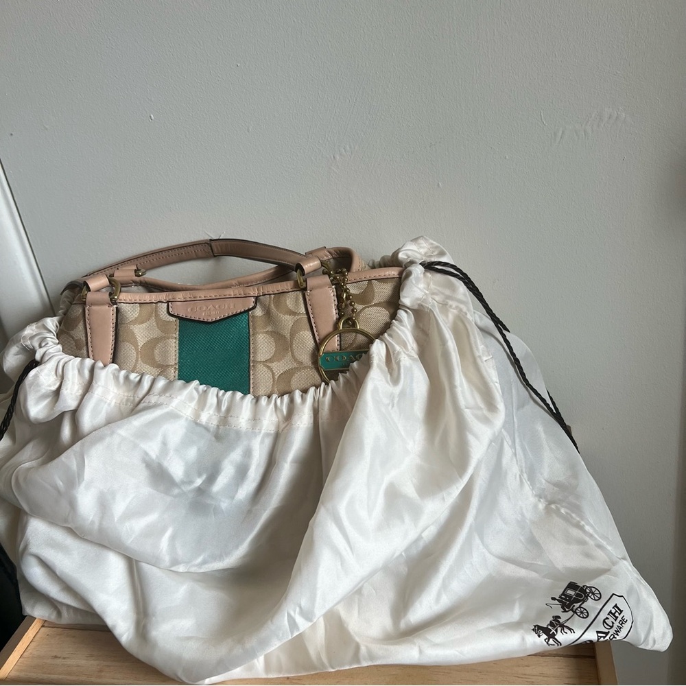 Coach Tan Signature Canvas Tote with Teal Center Stripe - Picture 5 of 16